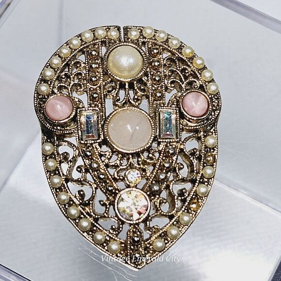 Vtg Intricate Victorian Style Brooch Filigree 3D Pin Goldtone Faux Mixed Stones - Picture 8 of 8